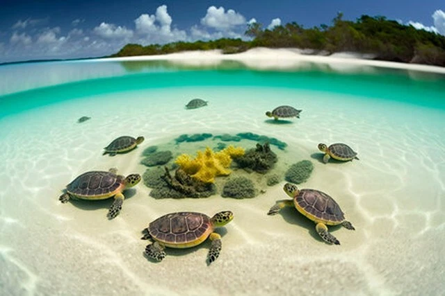 Wandbild: Meeresschildkröten schwimmen auf einem Korallenriff-Atoll auf [...] - Bild 1 von 1