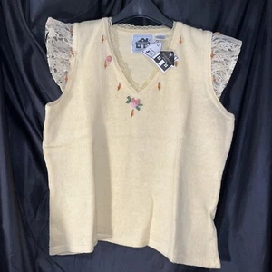 Storybook Knits Pale Yellow Sweater Short Lace Cap Sleeves Beaded NWT Sz L - Picture 1 of 7