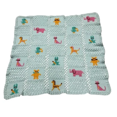 Vintage Handmade Crochet Colorful Baby Blanket Bunny Cat Bear Elephant Duck Pony - Image 1 of 4