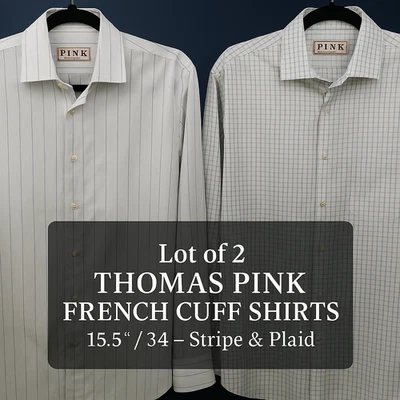 Lot 2 Thomas Pink Men’s French Cuff Shirts 15.5 34 Plaid & Stripe Dress 86cm 44" - Image 1 of 4