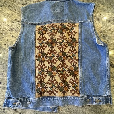 Chaleco Denim Gitano Boho Reciclado De Colección con Punto de Cruz Azteca del Suroeste Añadido Talla L Foto 1 de 4