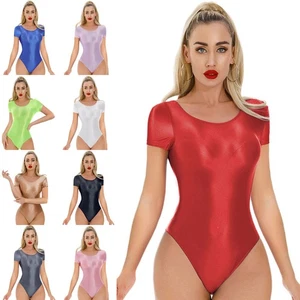 Womens Glossy Bodycon Bodysuit Short Sleeve Jumpsuit Stretchy Swimwear Nightwear - Picture 1 of 54