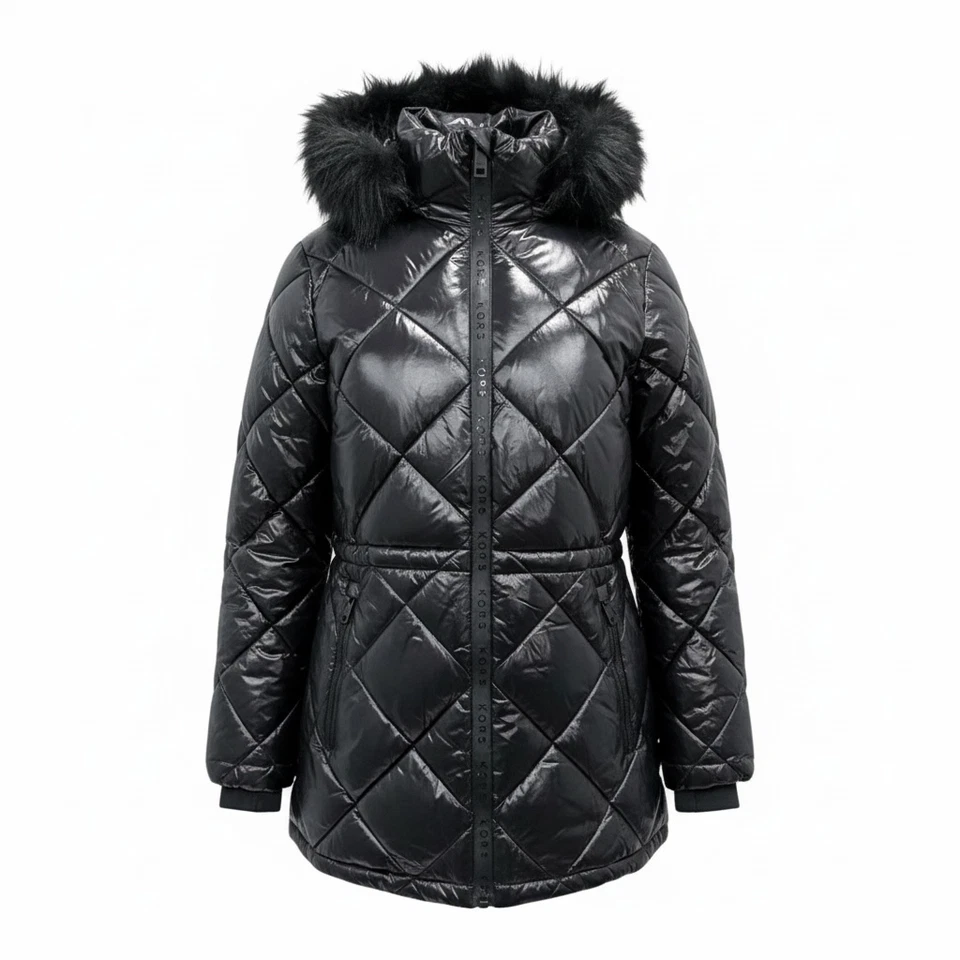 Michael Kors Quilted Puffer Jacket Black Faux Fur Hood Logo Trim Women’s L NWT - Image 1 of 4