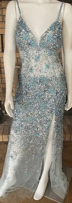 Jovani 05872 Light Blue Beaded Gown Sheer Midriff NWT Size 10 - Image 1 of 4