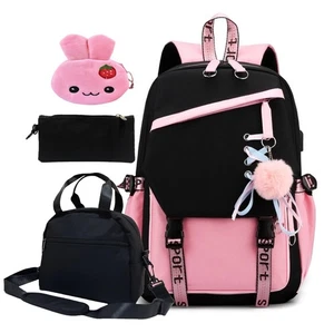 4 Pcs Girls School Backpack Bookbag with Lunch Box and Case,17 Inch Teen Girl... - Picture 1 of 9