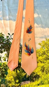 Vintage 40er 50er Jahre Krawatte handbemalt Blätter Federn lachs rosa Seide - Bild 1 von 3