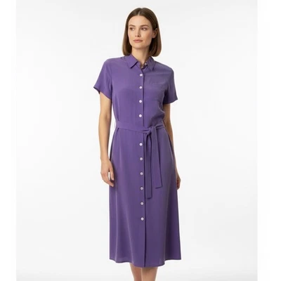 Talbots Petites Purple 100% Silk Short Sleeve Midi Shirt Dress w Sash Belt 10P - Image 1 of 4