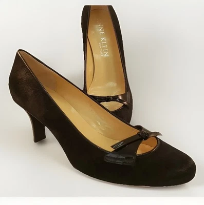 Anne Klein пони волос каблуки женщин 9,5 M черный патент бант низкий насосы Италии - Изображение 1 из 4