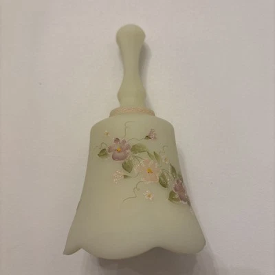 Vintage Fenton Hand Painted Custard Glass Bell Pink Flowers Sugared Uranium - Image 1 of 4