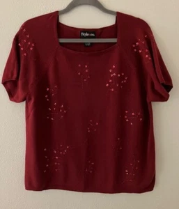 Ladies L Style & Co Red Cotton/Acrylic Short Sleeve Sweater Shirt - Picture 1 of 7