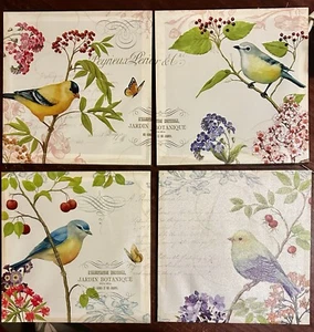 Französische Vögel in Beeren auf Vinyl Leinwand bedruckt 4er Set je 12" Quadrat - Bild 1 von 6