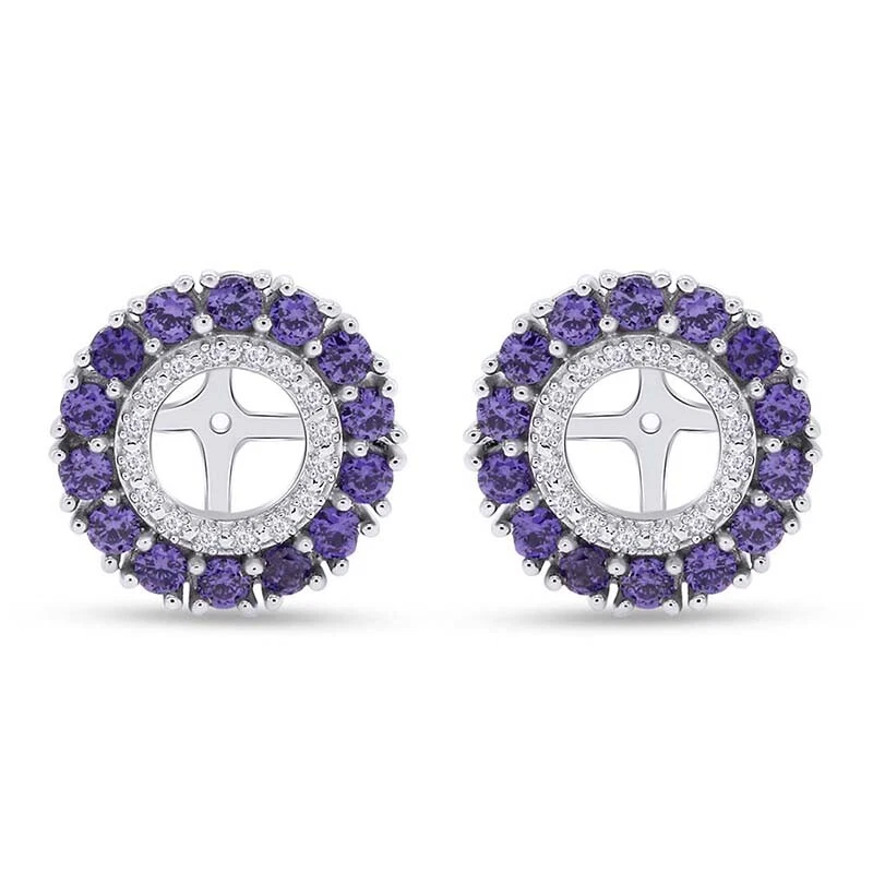 Pendientes chaquetas con halo creadas en laboratorio amatista enchapados en oro blanco de 14 k en plata Foto 1 de 4