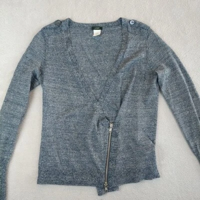 J. Cárdigan Suéter Crew Para Mujer XS Lana Merino Lino Envolvente Cremallera Azul Manga Larga Foto 1 de 4