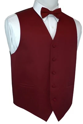 Men's Burgundy Satin Tuxedo Vest & Bow-Tie Set. Formal, Dress, Wedding, Prom  - Image 1 of 4