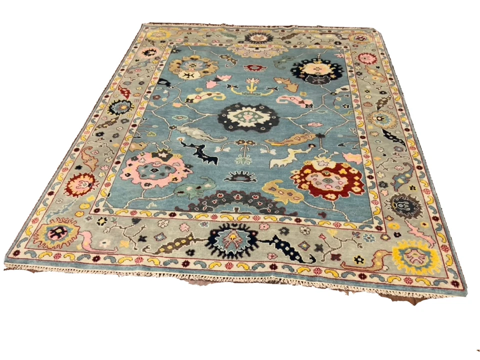 Genuine Hand Knotted Silver/Blue Oushak Heriz Geometric Area Rug Carpet 8’1x9’10 Foto 1 de 4