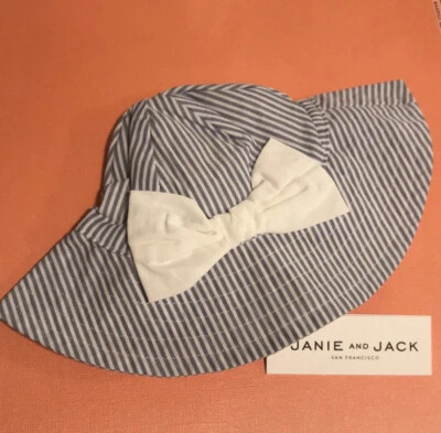 New - Janie and Jack 3-6 months girls blue /white striped sun hat w white bow - Image 1 of 4