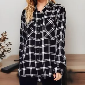ANGIE Blouse Womens Small White Black Plaid Lightweight SOFT Button Down Shirt - Picture 1 of 2