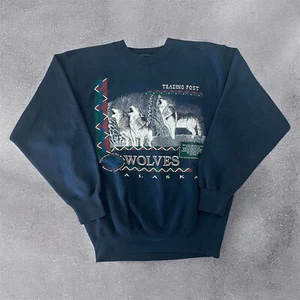 Vintage 90s Alaska Wolves Blue Crewneck Sweatshirt Adult Medium Nature Outdoor - Picture 1 of 3
