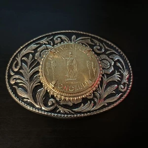 Vintage Honolulu Hawaii Dollar Coin Belt Buckle With Metal Brass Floral Design - Picture 1 of 3