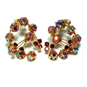 Austria AB Rosa Rot Strass Clip Ohrringe Hohe Krappen Set Blume Vintage - Bild 1 von 6