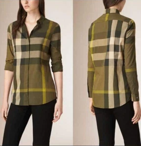 NWT $325 Burberry Brit Nova Check Cotton Shirt Blouse Military Olive XS - Picture 1 of 11