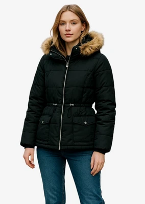 H & M разделенный пальто женщин средний черный искусственного меха с капюшоном пуховик куртка зима - Изображение 1 из 4