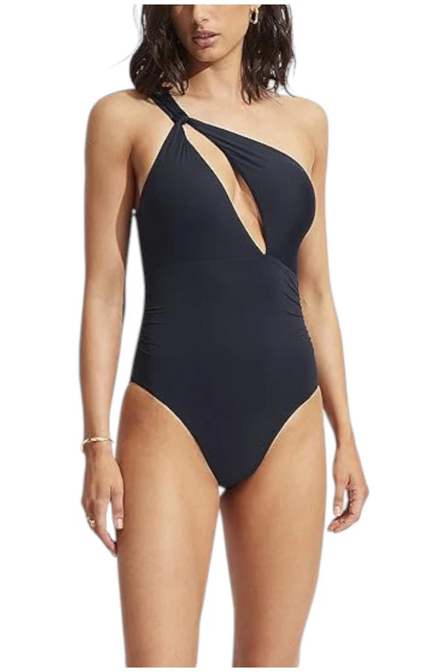 Traje de baño de una pieza Seafolly para mujer estándar recortado en el hombro azul marino Foto 1 de 1