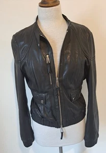 KAREN MILLEN - Chaqueta negra 100 % cuero real estilo bombardero con cremallera - Talla 12 - Imagen 1 de 19