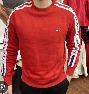 NWT TOMMY JEANS Sz L Blush Red Taped Sleeves Sweatshirt Sweater Top - Picture 1 of 7