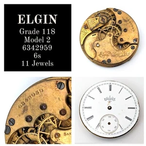 Antique ELGIN 6342959 Grade 118 Model 2 6s 11 Jewels Pocket Watch Movement PARTS - Picture 1 of 17