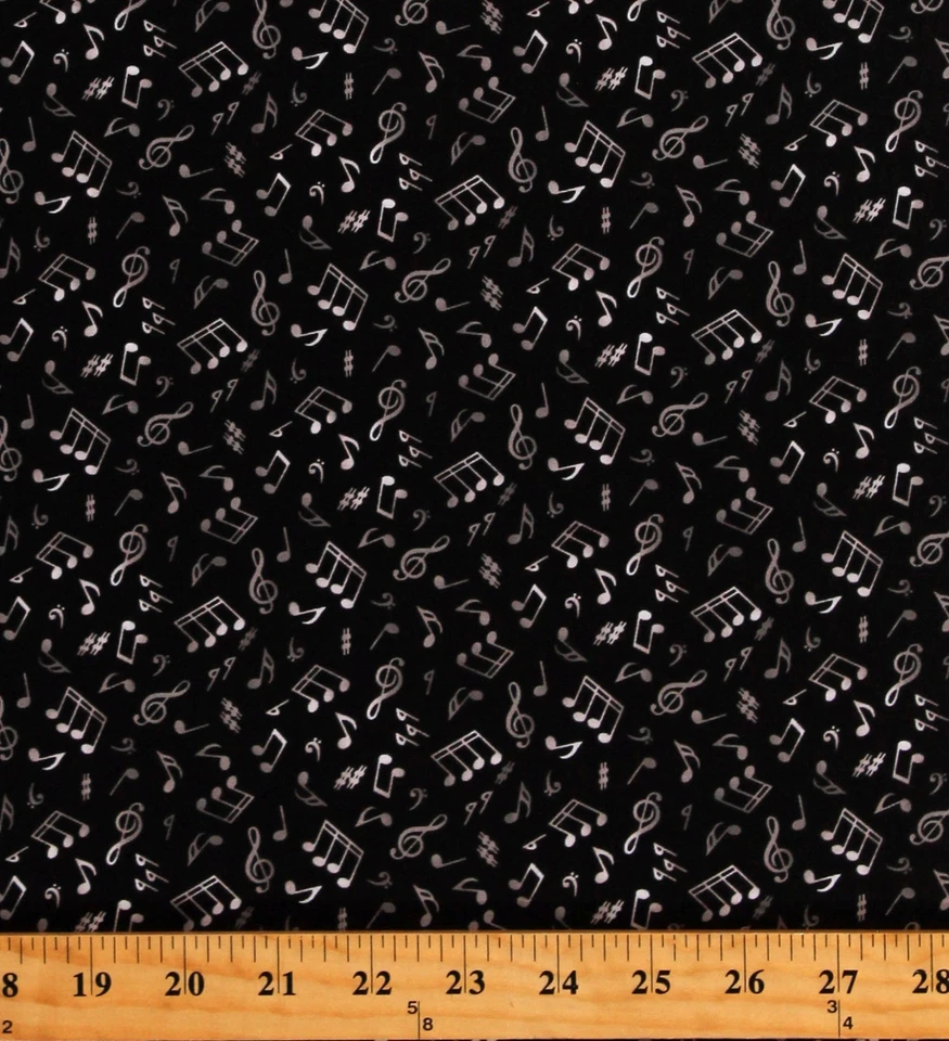 Notas musicales de algodón claves agudas afiladas planas impresión de tela negra por yarda D514.18 Foto 1 de 1
