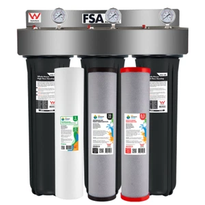 Stainless Triple Whole House Chloramine Water Filter System + Gauges 20" x 4.5" - Picture 1 of 5