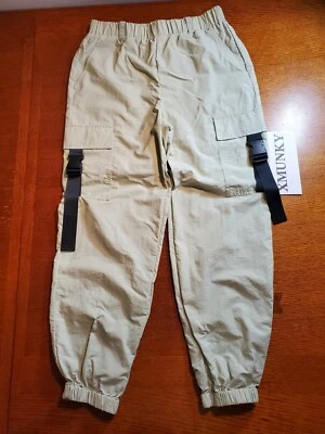 Forever 21 Buckle Cargo Joggers Large Yellow Nylon Athleisure Streetwear - Image 1 of 4