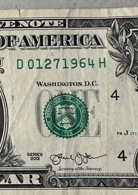 2013  $1 Dollar Birthday Note 01271964  January 27, 1964 Fancy Serial Number - Image 1 of 3
