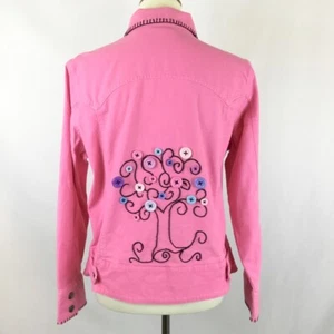 VTG Upcycled Pink Denim Jacket Hand Embroidered Western Fairycore 12 14 Y2K OOAK - Picture 1 of 7