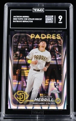 2024 Topps Chrome Update Jackson Merrill RC Raywave Refractor Rookie TAG MINT 9 - Image 1 of 4