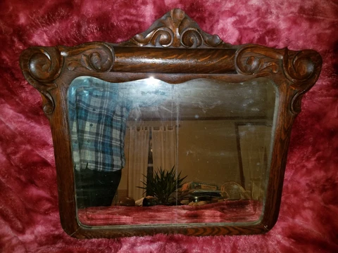 Antique Tiger Wood Framed Beveled Mirror 22 1/2 in tall 26 in wide. Original Cover