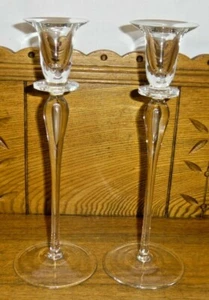 2 Elegant Teardrop Style Crystal Candlesticks - 10 3/4" & 10 7/8" - Unsigned - Picture 1 of 7