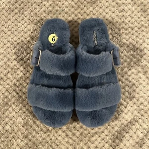UGG Sandals Women 9 Blue Fur Faux Two-Strap Buckle Soft Slip-On shoes Soft - Picture 1 of 6