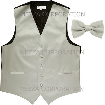 New Men's Vesuvio Napoli Tuxedo Vest Waistcoat Bowtie prom wedding party Silver - Image 1 of 4