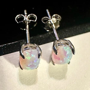 925 Sterling Silver Opal Stud Earrings For Women Fire Opal Earrings 925 Silver - Picture 1 of 11