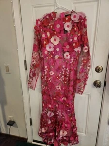 DALIA MACPHEE Lace Embroidered 3D Pink Floral Appliqué Maxi Dress Gown D2022 Med - Picture 1 of 7