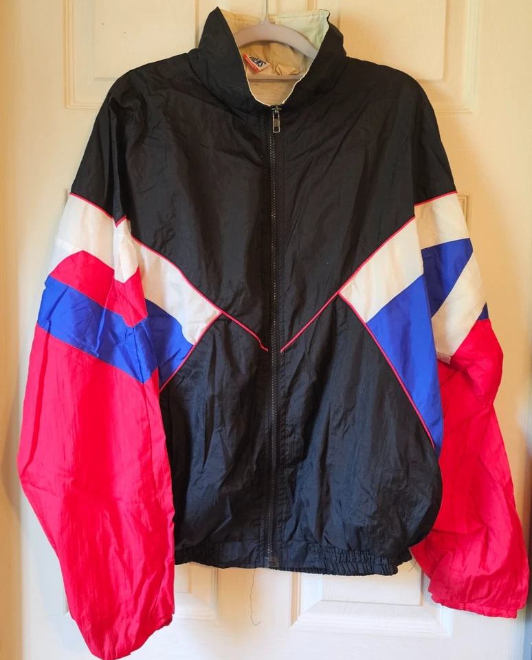 Vtg 80s 90s Athletic Works Windbreaker Jacket Red Blue Black Colorblock L - Image 1 of 4