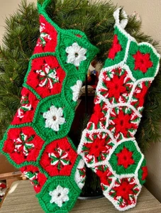 Vintage Handmade Hexagon Granny Square Crocheted Christmas Stockings Red/Green - Picture 1 of 7
