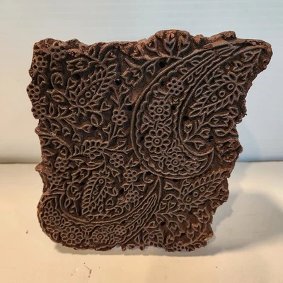 Estampilla en bloque de impresión textil tela madera ornamentada tallada a mano india de colección 6" x 5,5" Foto 1 de 4