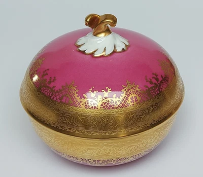 DW Karlsbader Wertarb Deckel Dose Bonboniere Porzellan purpur rot Ätz Gold Dekor - Bild 1 von 4
