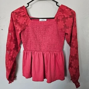 Williow & Root NWOT Girls Medium Pink Smocked Peplum Blouse Long Sleeve Floral - Picture 1 of 5