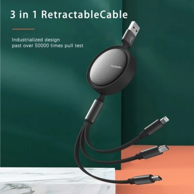 3in1 Retractable 8 Pin/Type-C/USB Fast Charger Cable For iPhone Samsung Android - image 1 of 4