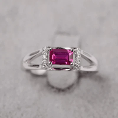 Pink Ruby 925 Sterling Silver Ring Lab Created Gemstone Emerald Cut Women Ring - Image 1 of 4