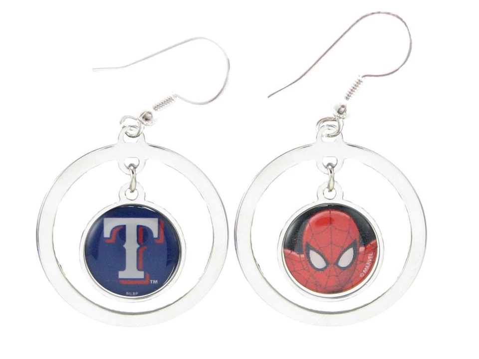 Texas Rangers Spiderman Two Sided Silver Hook Hoop Earrings Jewelry Marvel MLB - Image 1 of 1